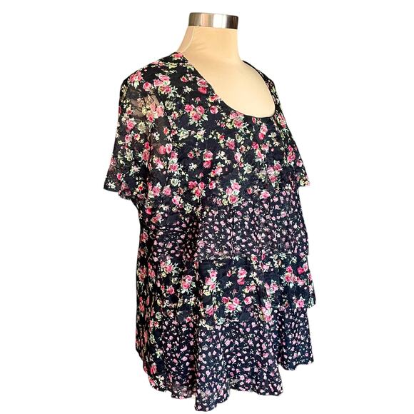 North Style Dark Floral Mesh Tiered Ruffled Blouse Size 1X Bohemian Romantic - Picture 3 of 7